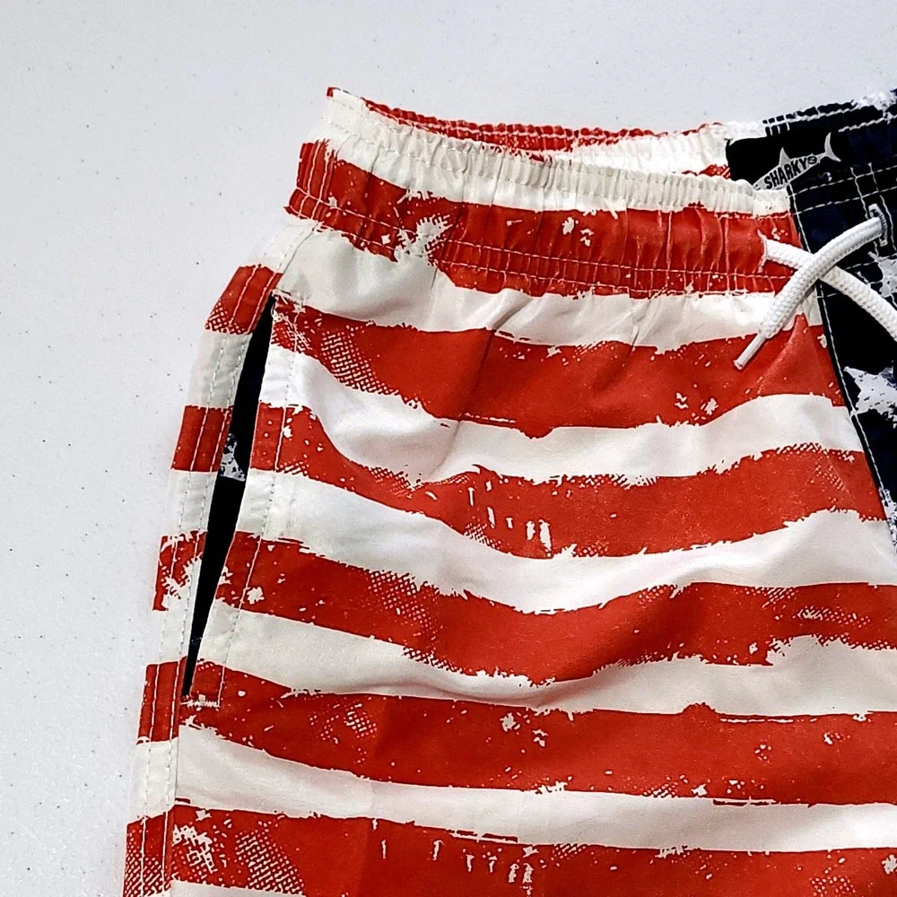 Sharky American Flag Swim Trunks Youth Boys 12 Stars Stripes Lined Board Shorts